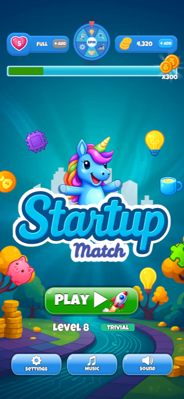Startup Match – ecran principal, nivelul 8 Trivial