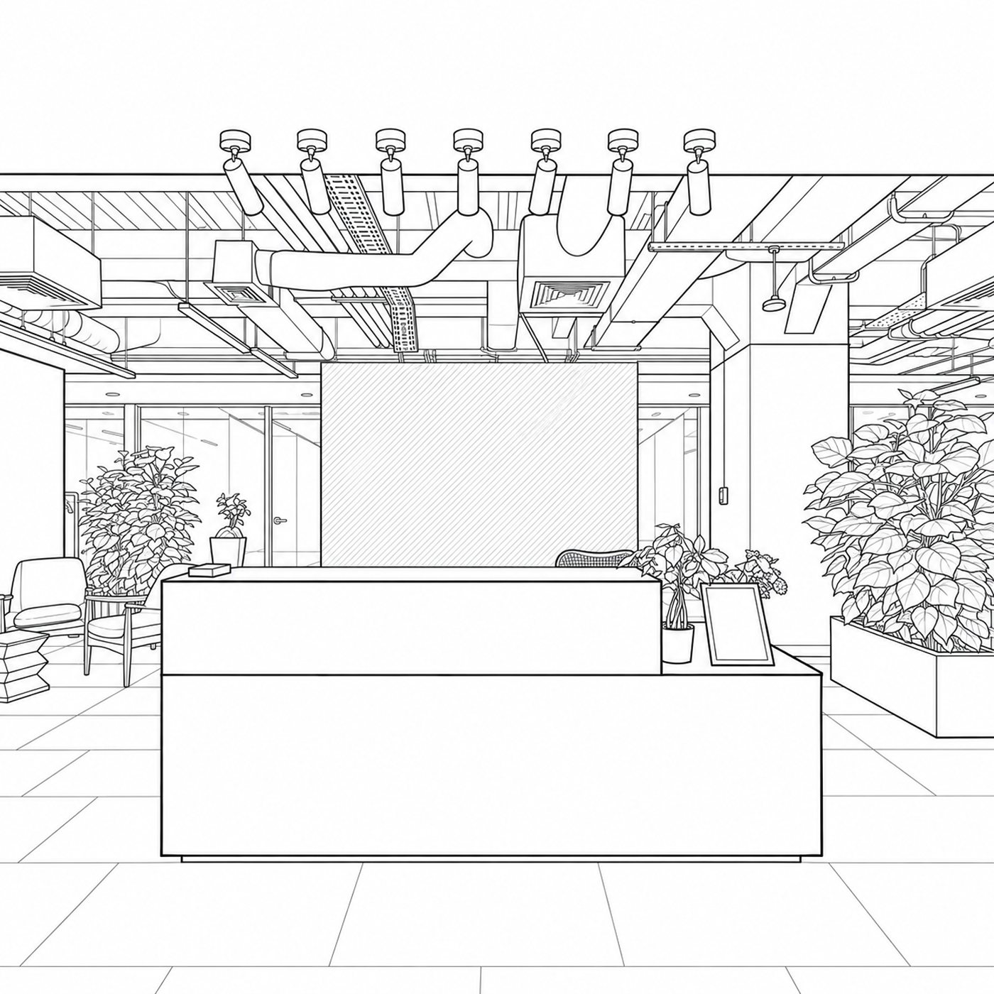 Line drawing of the Supertree reception, the same view as the photo
