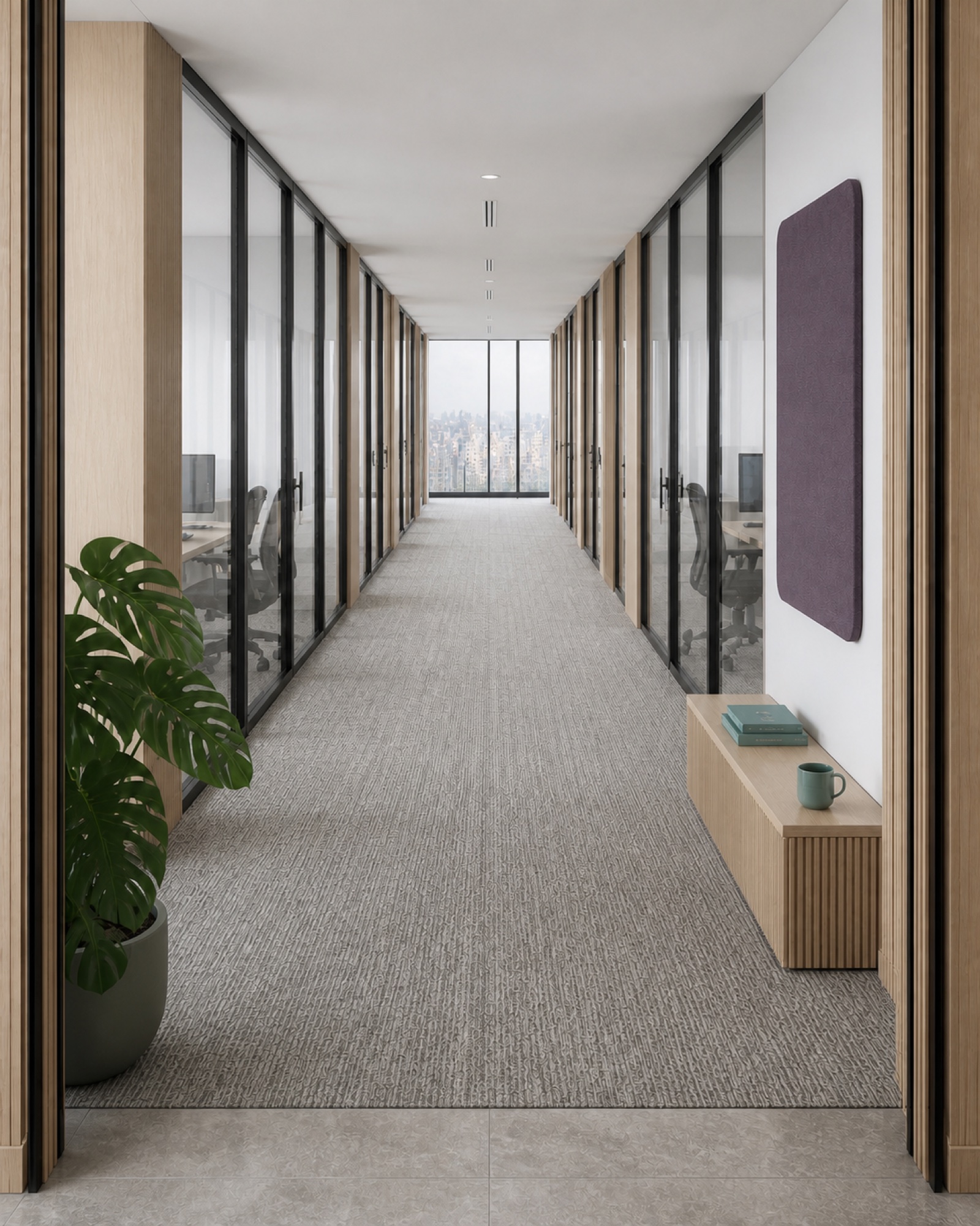 Visualisation of the Floor 6 arrival corridor at Supertree, glass-fronted private office suites either side and the Bucharest skyline at the far end