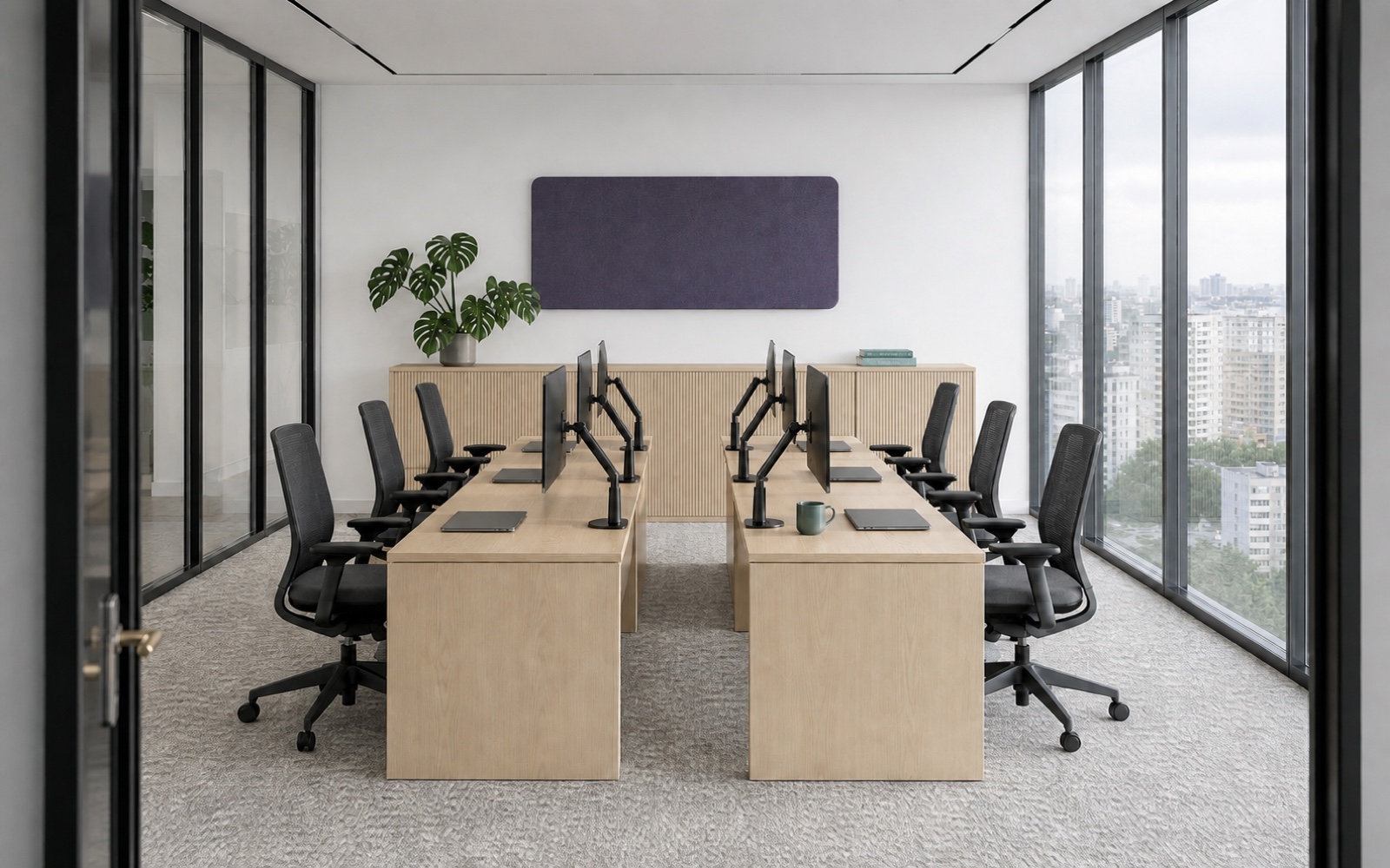 Visualisation of a private Floor 6 office laid out for a team of eight at Supertree, BOC Tower, Pipera